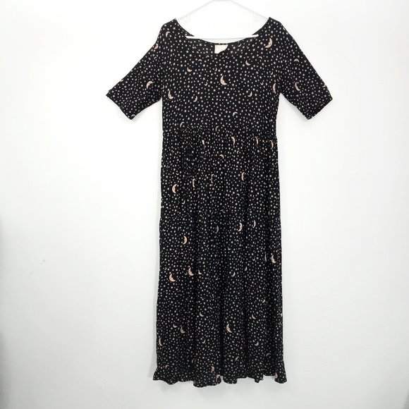 Vintage Romeo Star Moon Print Celestial Witchy Goth Boho Black Tiered Maxi Dress - Picture 2 of 14